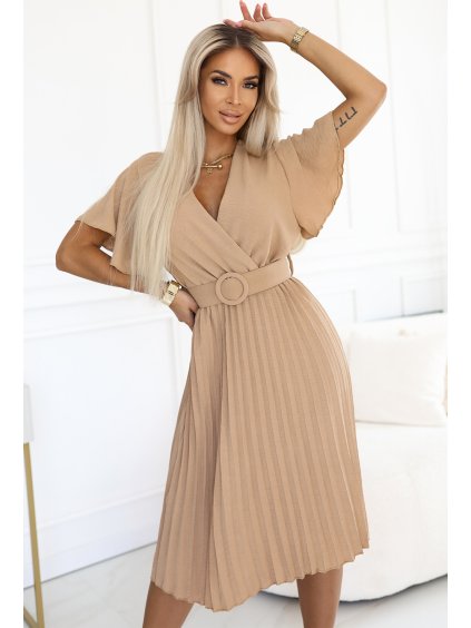 Béžové plisované midi šaty LYRA so zavinovacím výstrihom a pásikom (Veľkosť ONE SIZE)