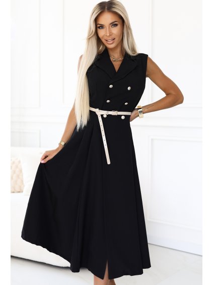 Čierne dámske elegantné midi košeľové šaty so zlatými gombíkmi a opaskom