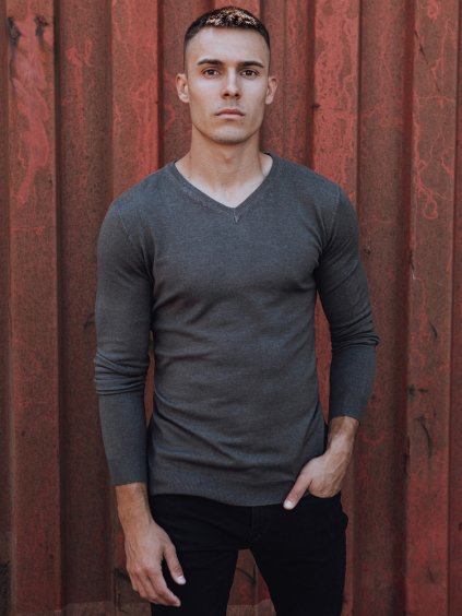 (Veľ. L) Tmavosivý pánsky sveter s výstrihom do V