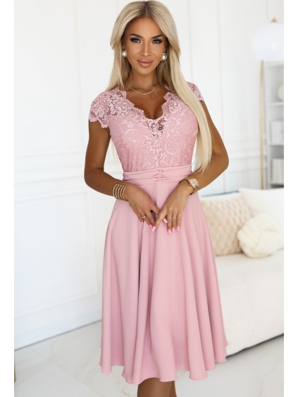Ružové šifónové šaty s čipkovým výstrihom ALEXIS