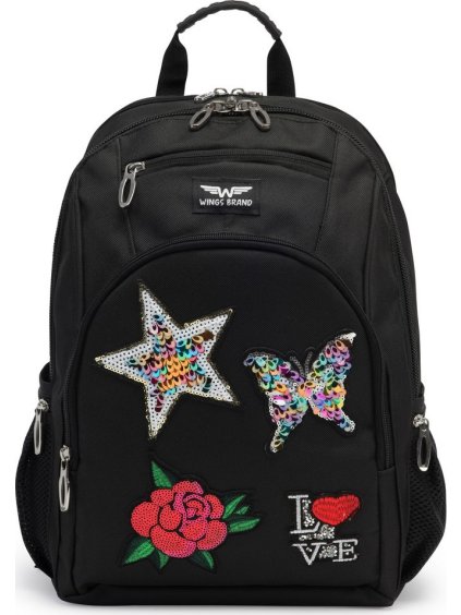 Čierny školský plecniak s aplikáciami