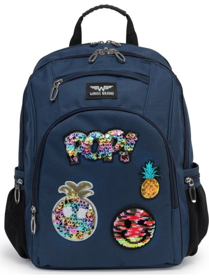 Tmavomodrý školský plecniak s aplikáciami