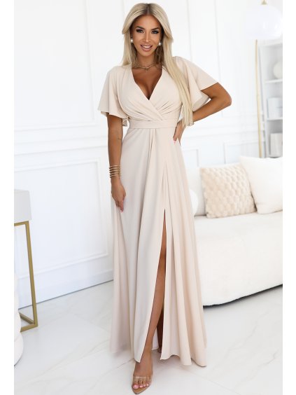 Svetlobéžové dlhé šaty s výstrihom JENNIFER