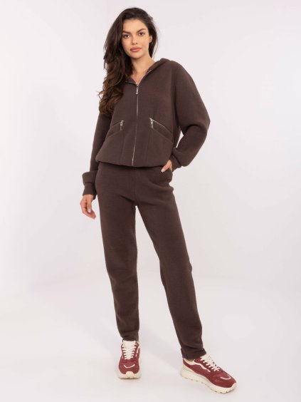 Čokoládovo hnedá dámska pletená súprava mikiny a nohavíc s ozdobnými zipsami