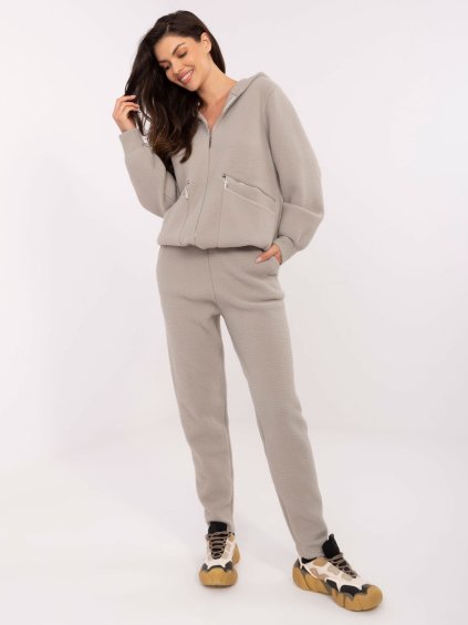Sivá dámska pletená súprava mikiny a nohavíc s ozdobnými zipsami