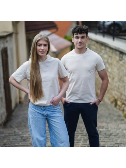 Béžové unisex bavlnené tričko bez potlače
