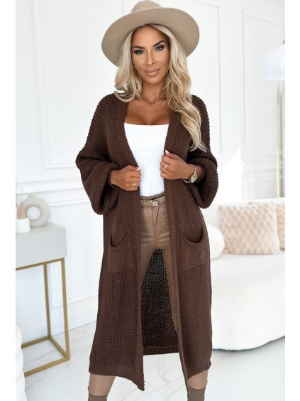 Čokoládovo hnedý dámsky pletený dlhý kardigán