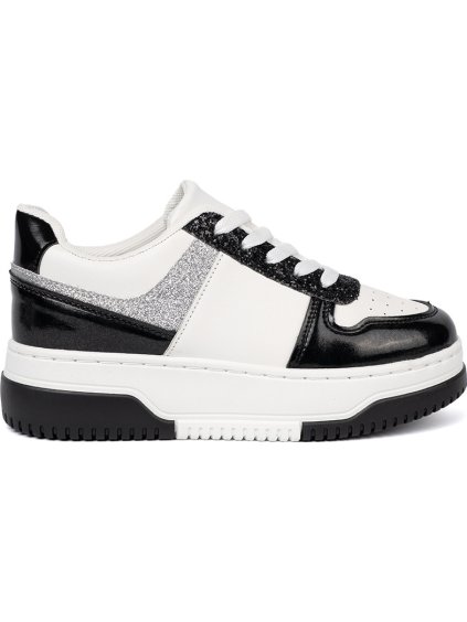 Čierno-biele dámske sneakersy s lesklými striebornými detailmi