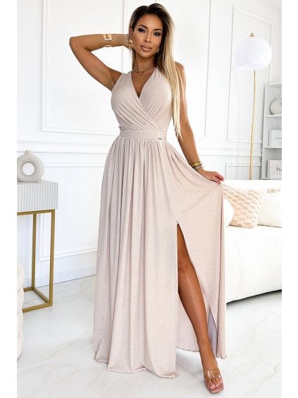 (Veľ. XL) Dlhé béžové spoločenské šaty s výstrihom GERDA