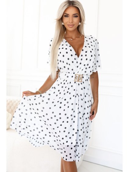Biele šaty s čiernymi bodkami a ozdobným pásikom