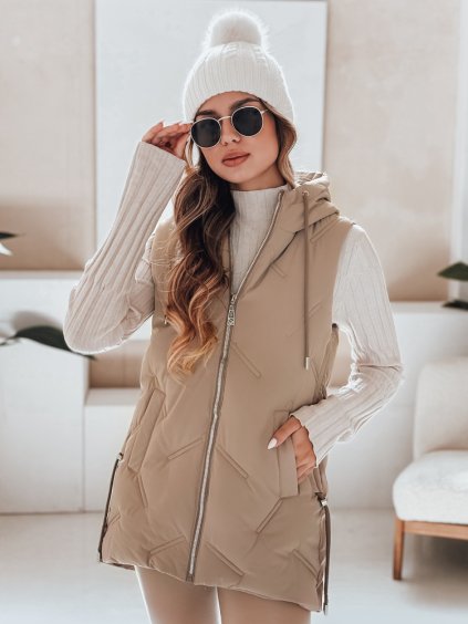 Béžová dámska prešívaná vesta s kapucňou