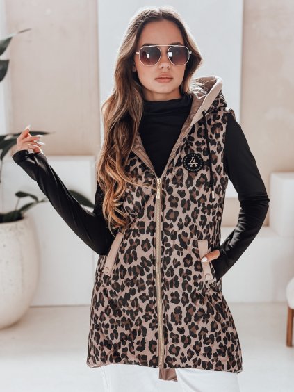 Béžová dámska asymetrická prešívaná vesta s leopardím vzorom ELMERA