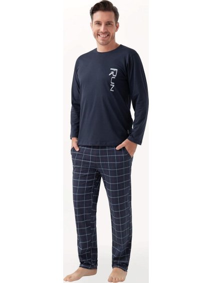 Luna Pánske dlhé bavlnené pyžamo s kockovanými nohavicami