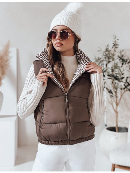 Hnedá dámska krátka prešívaná vesta URBANELLE s elastickým pásom