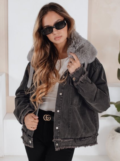 Dámska čierna džínsová bunda s kožúškom FURDENIM
