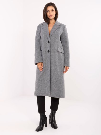 Sivý dámsky kabát s ramennými vypchávkami