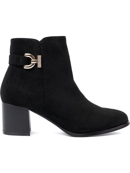 Štýlové dámske čierne členkové topánky s elegantným zdobením, podpätok 6 cm