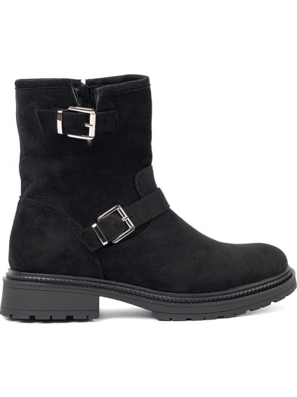 Moderné dámske čierne členkové topánky so striebornými sponami