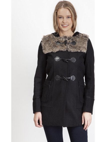Čierny dámsky vlnený zimný kabát s kapucňou