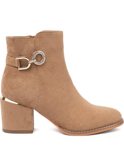 Svetlohnedé dámske členkové topánky so zlatými detailmi , podpätok 7 cm