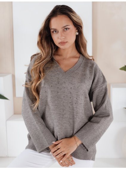 Sivý dámsky viskózový sveter VERALIA s kamienkami a výstrihom do V