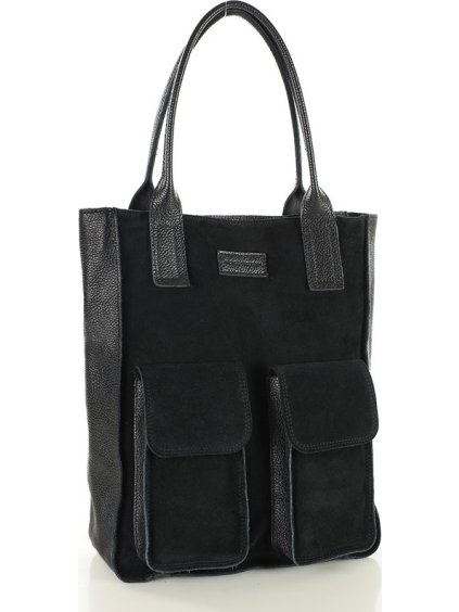 MARCO MAZZINI Čierna kožená shopper kabelka s vreckami