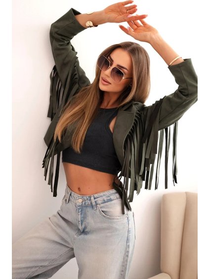 Khaki dámska krátka semišová bunda so strapcami