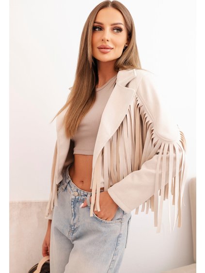 Smotanová dámska krátka semišová bunda so strapcami