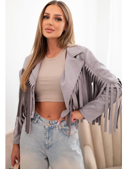Sivá dámska krátka semišová bunda so strapcami