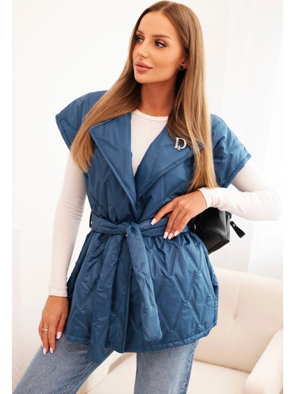 Modrá dámska krátka prešívaná vesta so zaväzovaním v páse