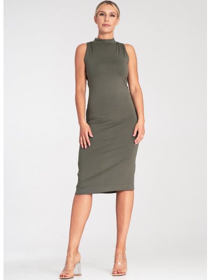 (Veľ. M) Olivové vypasované viskózové šaty bez rukávov