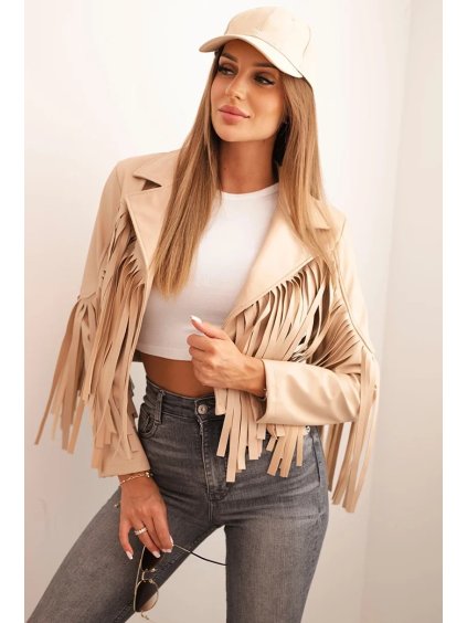 Svetlá camel dámska koženková bunda so strapcami