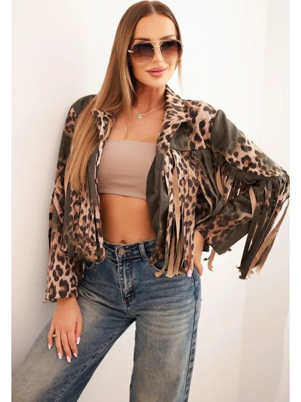 Dámska bunda z viskózy so strapcami a leopardím vzorom