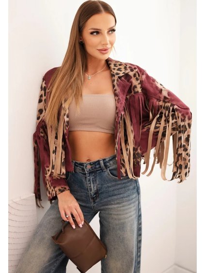 Dámska bunda z viskózy so strapcami a leopardím vzorom