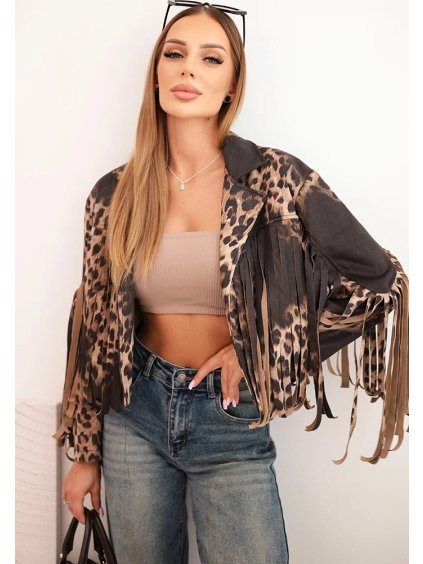Dámska bunda z viskózy so strapcami a leopardím vzorom