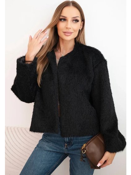 Čierna dámska kožúšková bunda bez zapínania