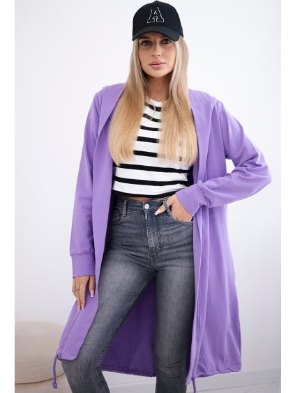 Fialový dámsky ležérny kardigán s kapucňou a potlačou na chrbte