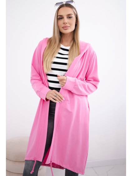 Ružový dámsky ležérny kardigán s kapucňou a potlačou na chrbte