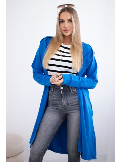 Modrý dámsky ležérny kardigán s kapucňou a potlačou na chrbte