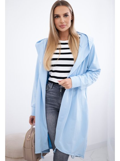 Svetlomodrý dámsky ležérny kardigán s kapucňou a potlačou na chrbte