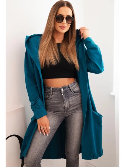 Tmavomodrý dámsky asymetrický kardigán s potlačou na chrbte