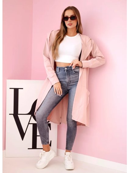 Púdrový dámsky asymetrický kardigán s potlačou na chrbte