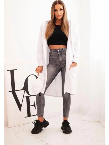 Biely dámsky asymetrický kardigán s potlačou na chrbte