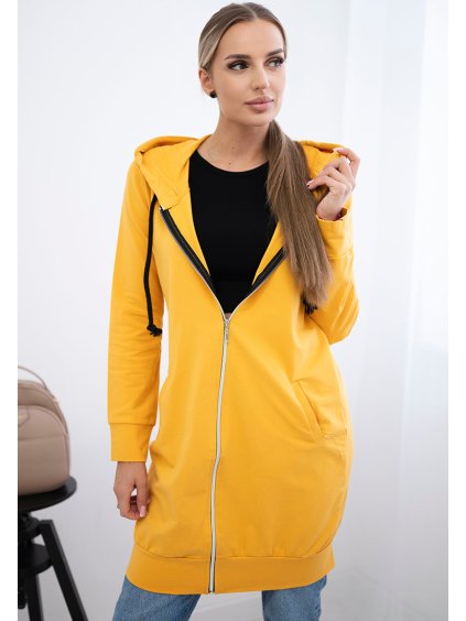 Horčicová dámska pohodlná dlhá mikina na zips s kapucňou