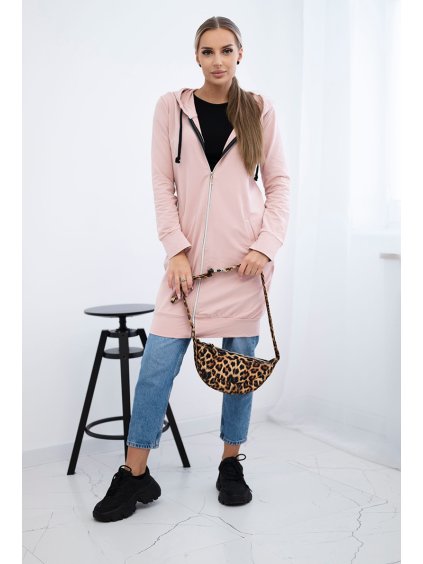 Púdrovo ružová dámska pohodlná dlhá mikina na zips s kapucňou