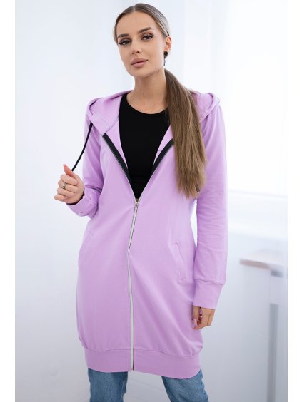 Svetlofialová dámska pohodlná dlhá mikina na zips s kapucňou