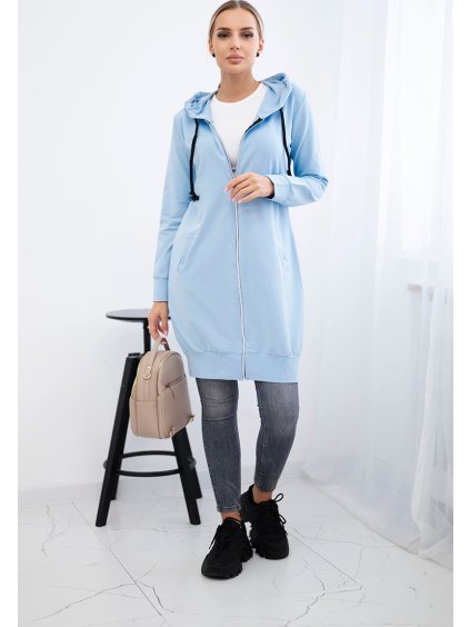 Svetlomodrá dámska pohodlná dlhá mikina na zips s kapucňou