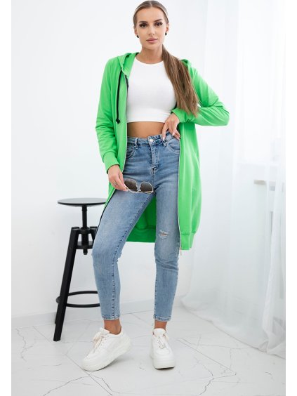 Svetlozelená dámska pohodlná dlhá mikina na zips s kapucňou