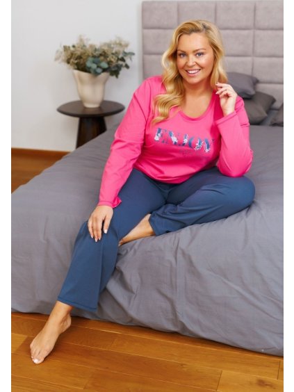 Doctor Nap Dámske ružovo-modré dlhé pyžamo pre plnoštíhle