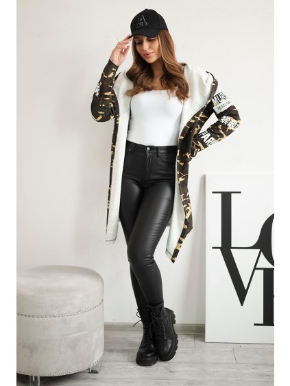 Khaki dámsky maskáčový kardigán s nápismi a kapucňou